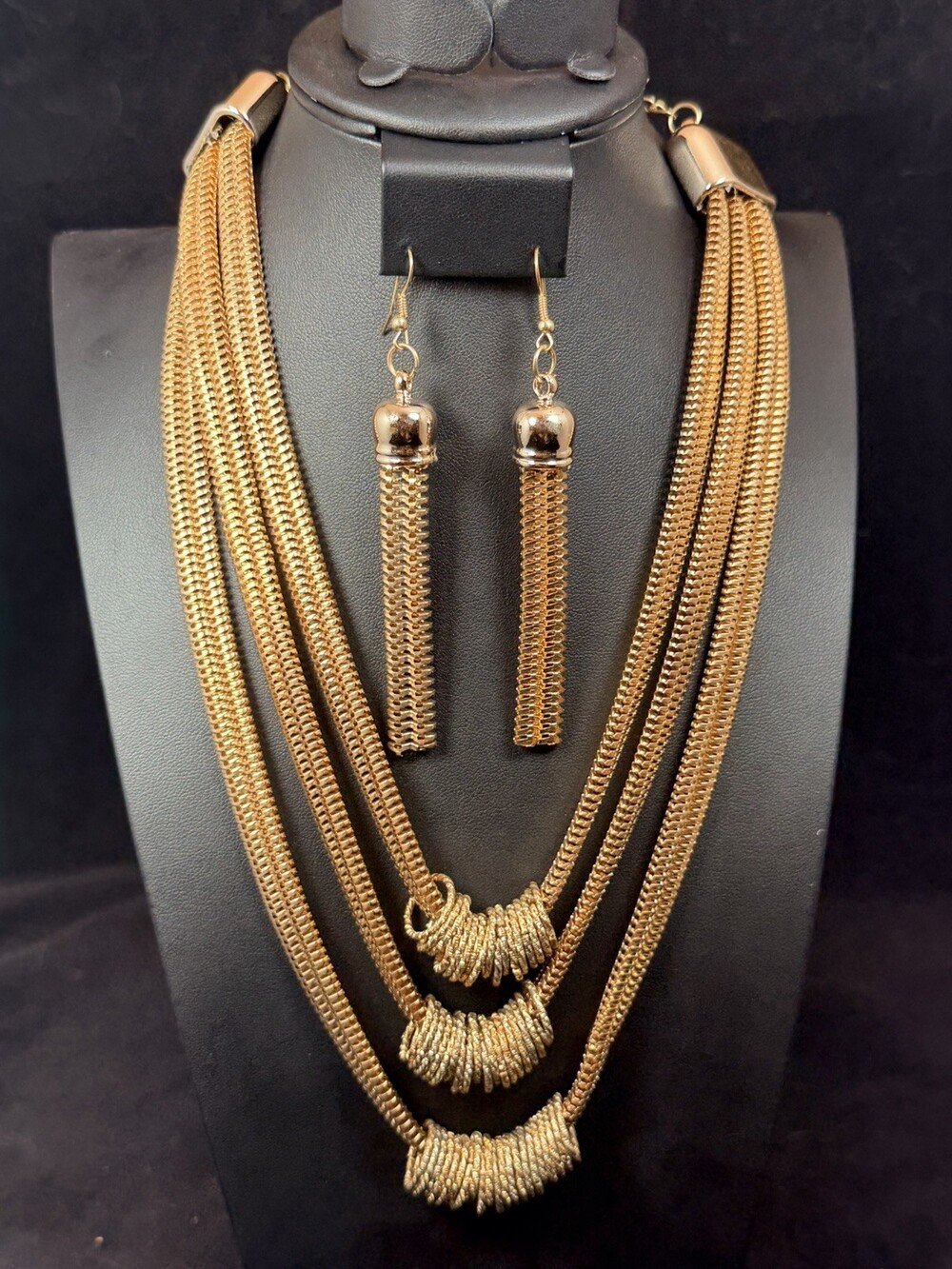 Vtg Multi Strand Gold-tone Snake Chain Layered Necklace & Matching Earrings Set